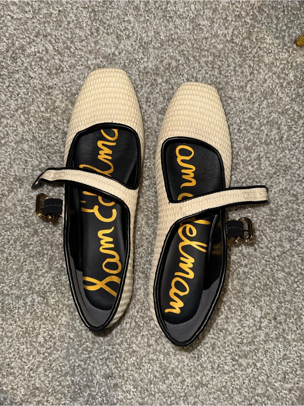 Sam Edelman Cream Textured Mary Jane Flats with Black Trim
